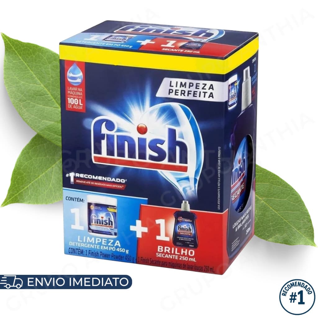 Finish Detergente em Pó 450g e Secante 250ml para Lava Louças Original Limpeza e Secagem CX