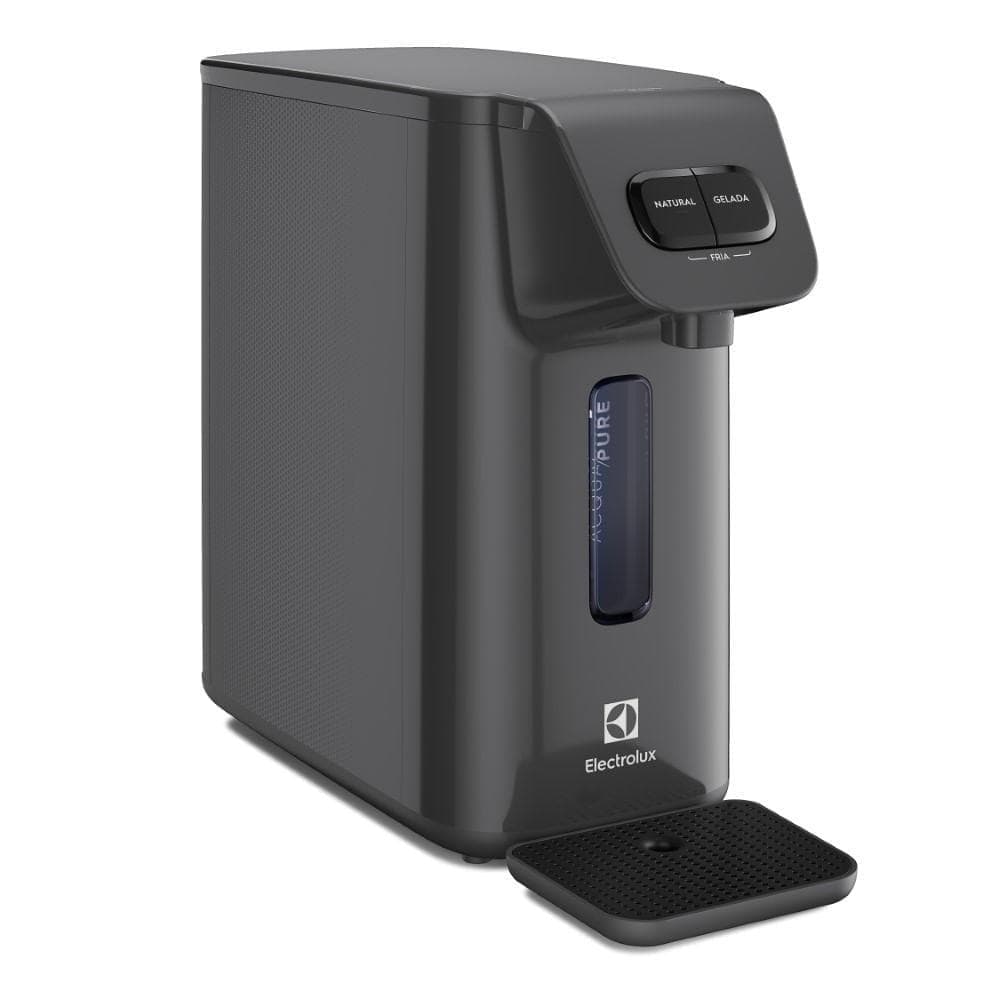 Purificador de água Electrolux Efficient cinza, modelo compacto com painel mecânico, botão rotativo e display digital.
