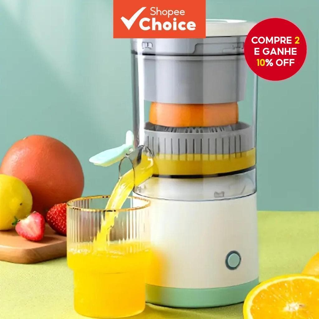 Extrator de suco portátil automático com suco de laranja sendo extraído
