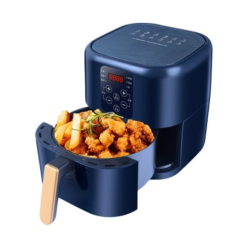 Fritadeira elétrica sem óleo azul com cesto de fritura aberto e alimentos fritos