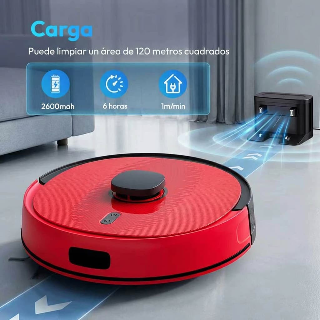 Aspirador de pó robô vermelho com 2600mAh de bateria, 6 horas de uso e velocidade de 1m/min, limpando área de 120m²
