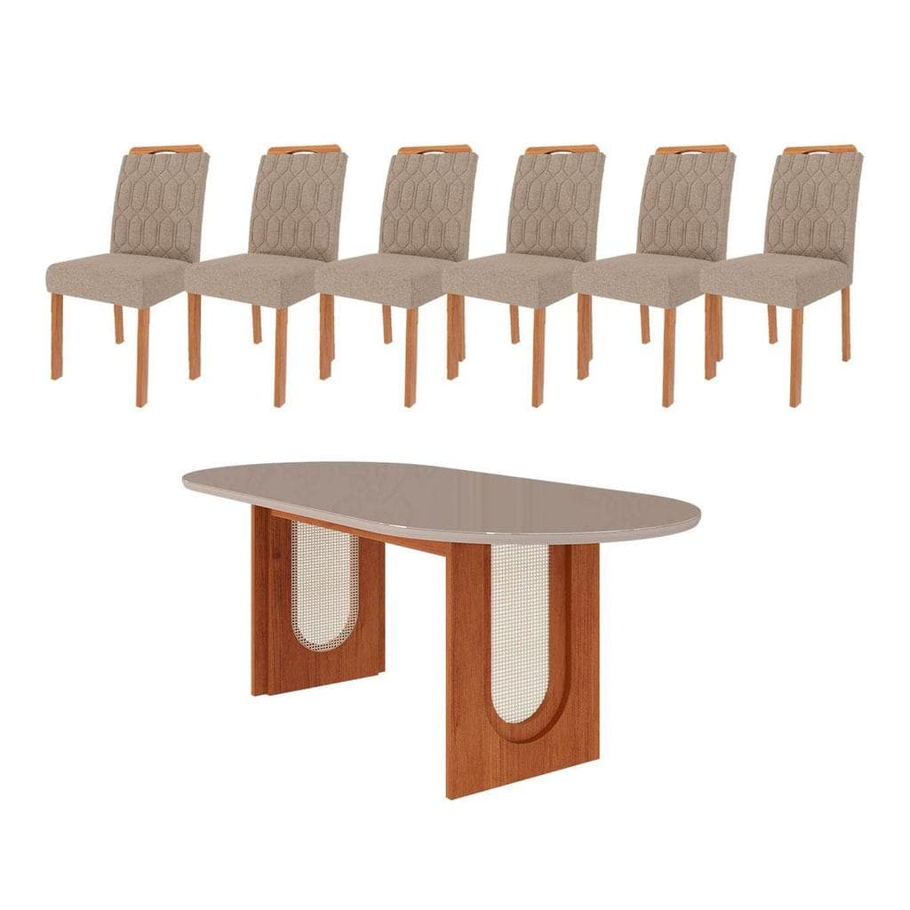 Conjunto de jantar mesa oval com seis cadeiras estofadas