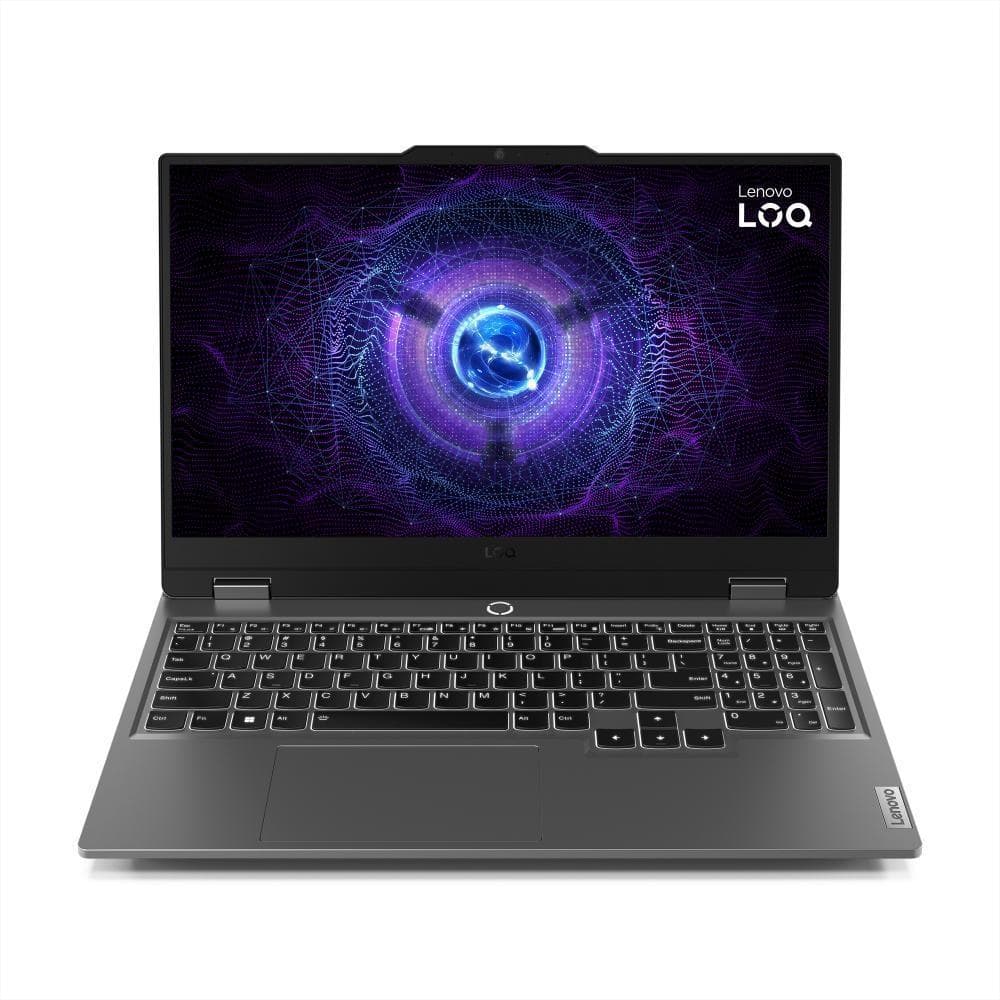 Notebook gamer Lenovo LOQ aberto com teclado retroiluminado e tela abstrata