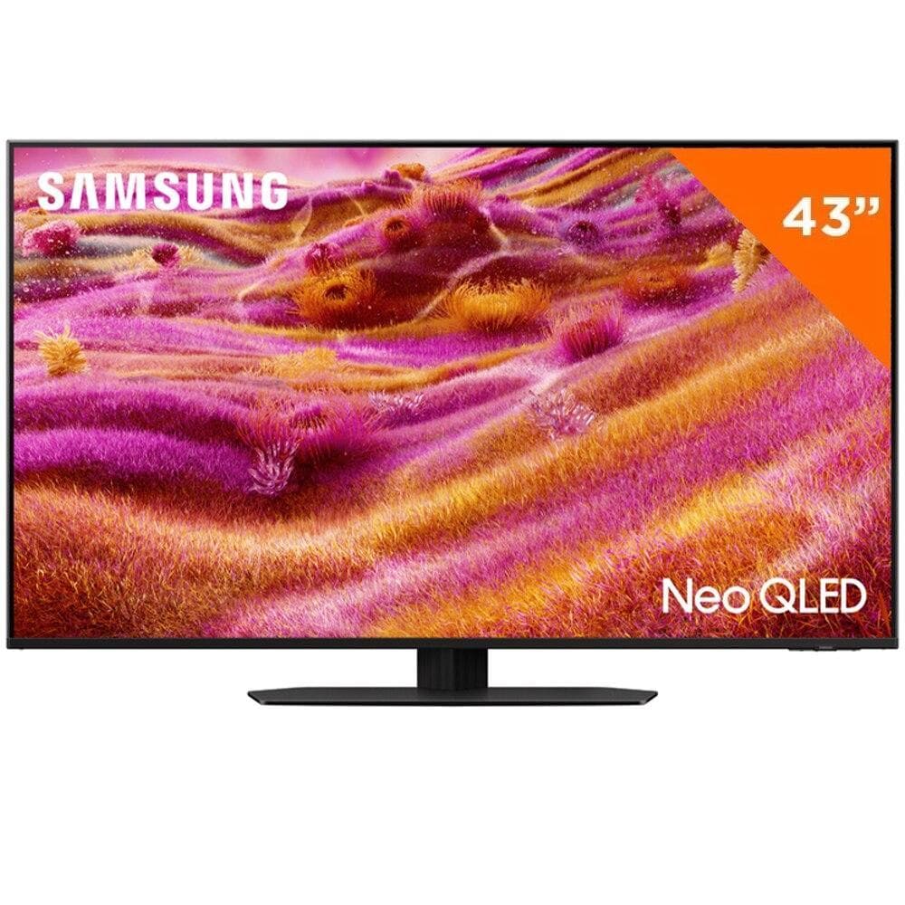Smart TV Samsung NEO QLED 43 polegadas 4K, modelo QN43QN90FA, com tela vibrante e texto Neo QLED.