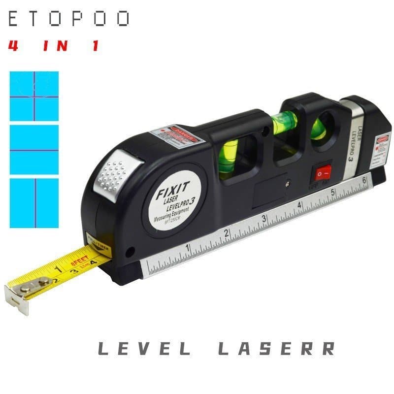 Nível a laser 4 em 1 Etopoo, preto e cinza, com régua de medição e laser vermelho.