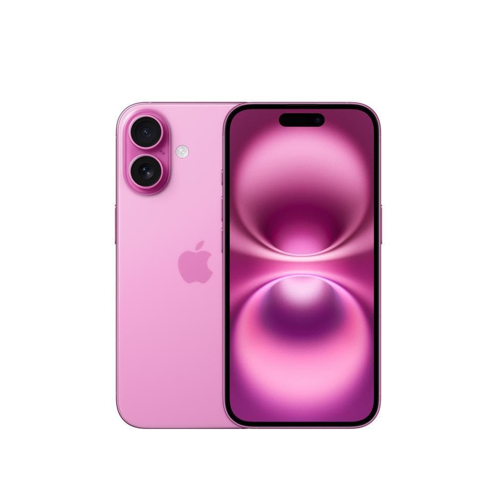 iPhone 16 de 512GB cor rosa, vista lateral, câmera dupla, logotipo da Apple, fundo branco