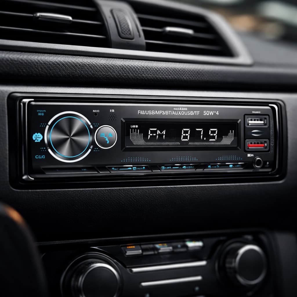 Som automotivo 1 Din com display digital e controle remoto no painel do carro