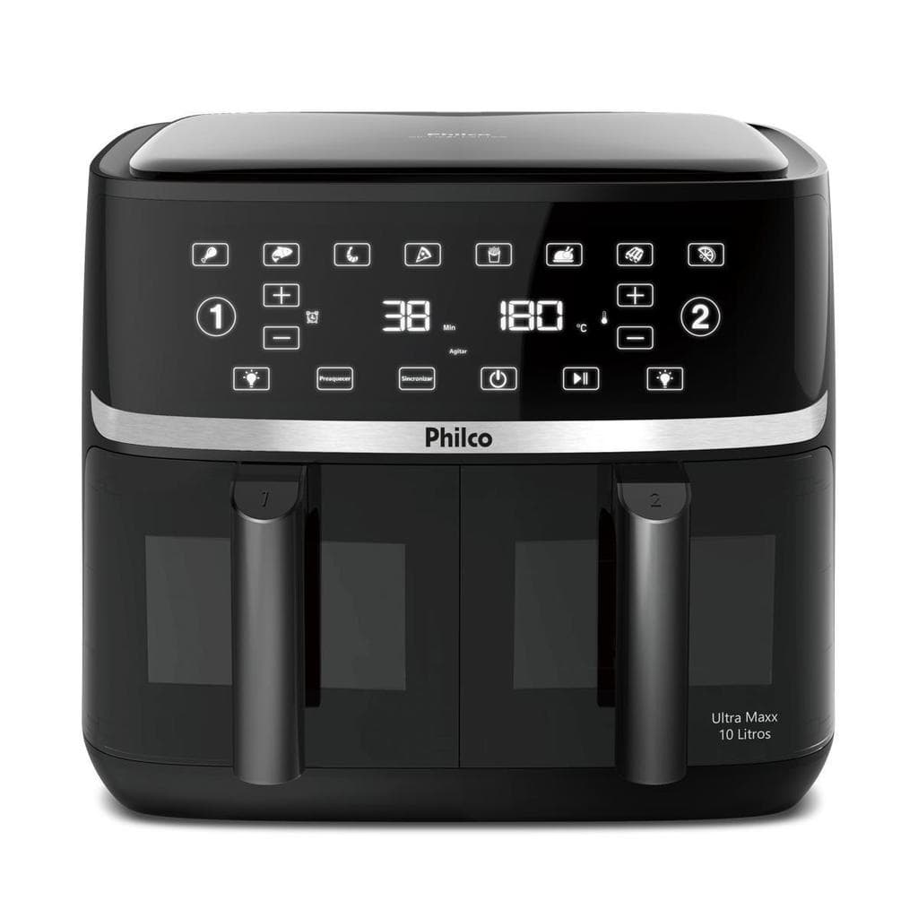 Fritadeira de ar Philco 10L com cesto duplo, preto e prata, controle digital, marca Philco