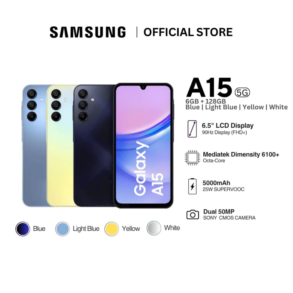 Samsung Galaxy A15 5G 8GB + 256GB 6.6 Polegadas 90Hz Display 50MP Câmera 25W Carga Rápida 5000mAh Android