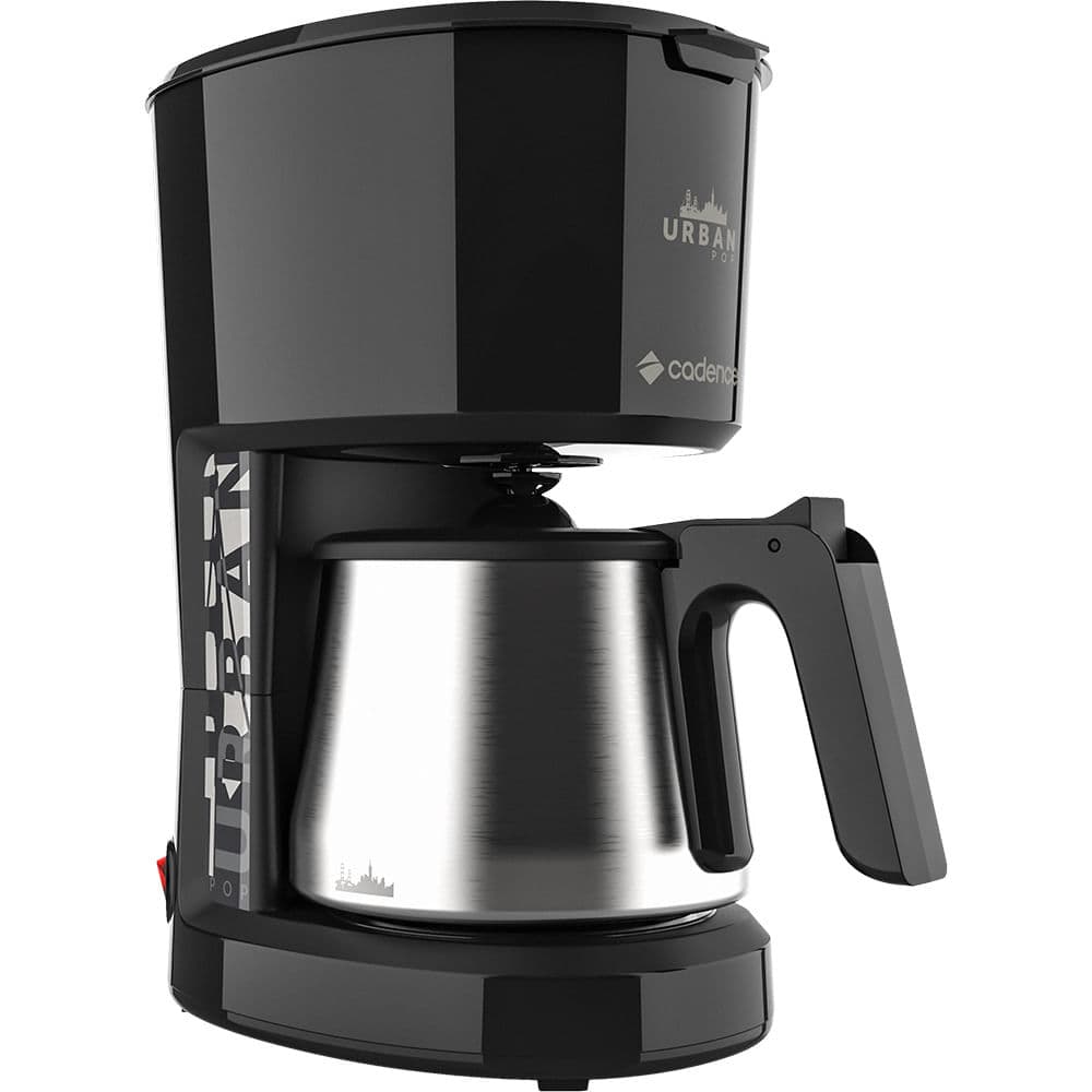 Cafeteira Elétrica Cadence Urban Pop Inox, preta e prata, com detalhes em aço inoxidável, logotipo URBAN.