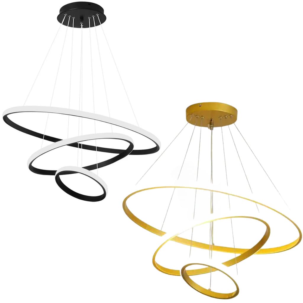 Luminária LED pendente circular com três anéis ajustável em altura, preto e branco, e dourado e branco.