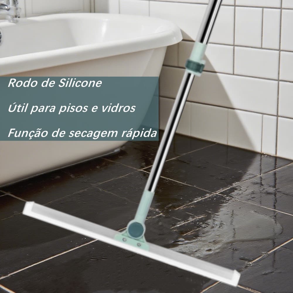 Rodo de silicone para limpeza de banheiro, útil para pisos e vidros, com função de secagem rápida.