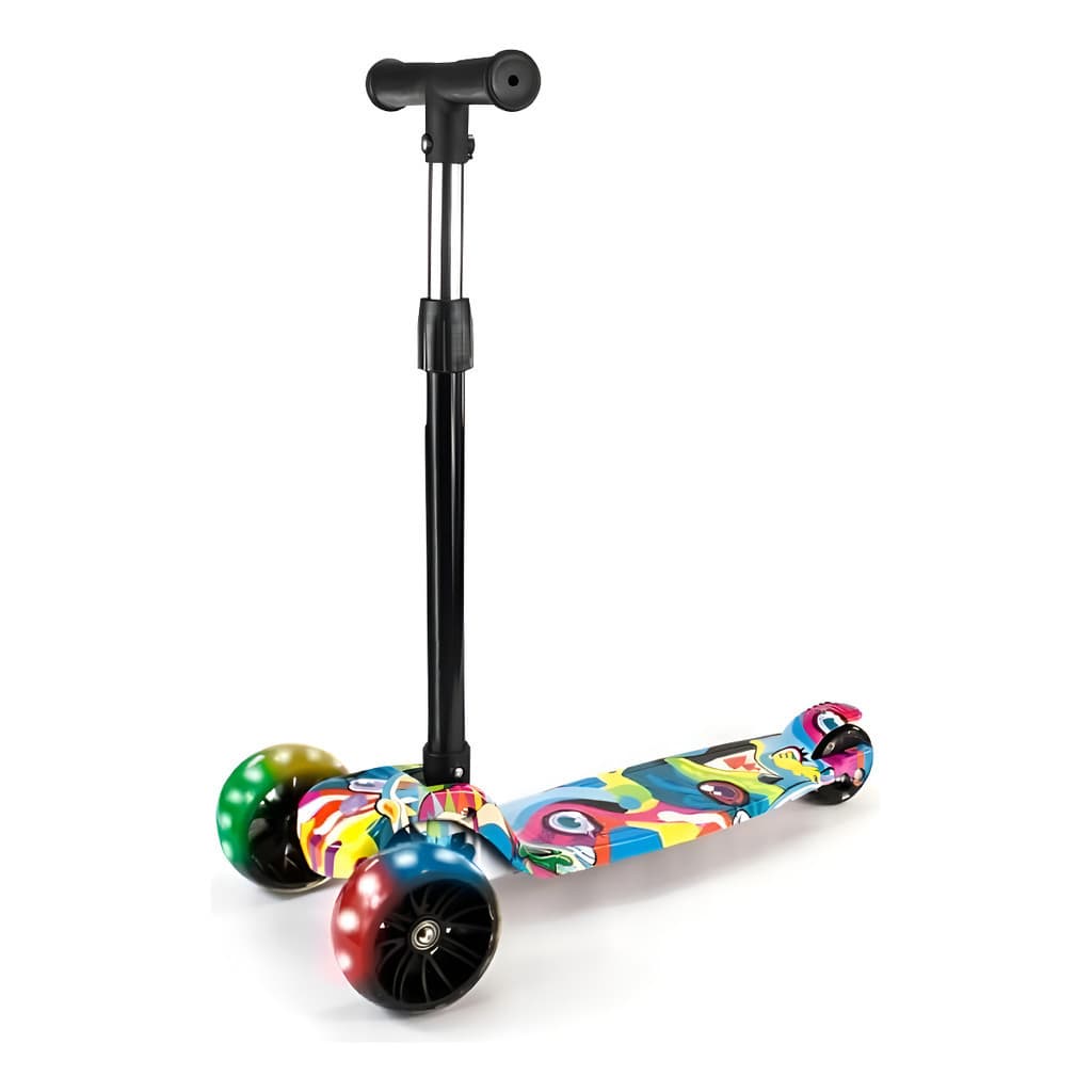 Patinete infantil de três rodas com iluminação LED e estrutura retrátil, cores vibrantes