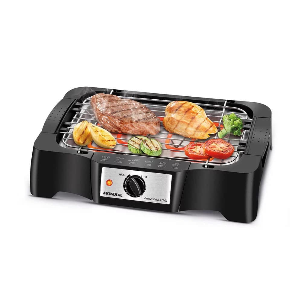 Churrasqueira elétrica Mondial Pratic Steak & Grill II CH-07 com carne e legumes grelhando