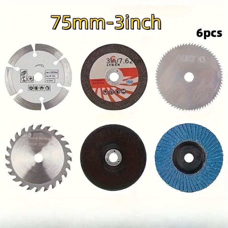 Serra circular de 75mm com 6 lâminas de corte, furo de 10mm, disco de metal e serra plana, 6 peças.