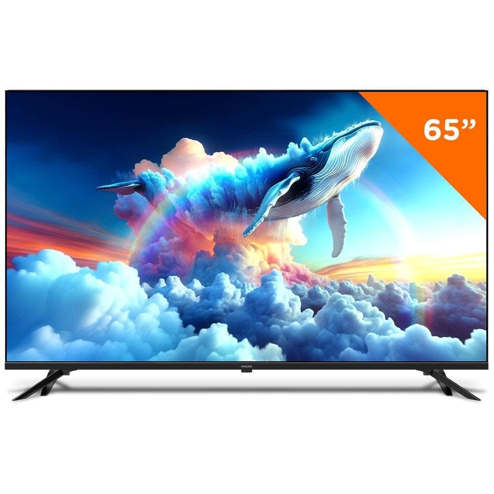 Smart TV LED Philips 65'' UHD 4K com baleia-azul saltando sobre nuvens
