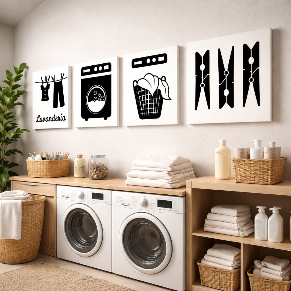 Kit 4 Quadros Decorativos Lavanderia Área de Serviço com Máquina de Lavar e Cesto de Roupa