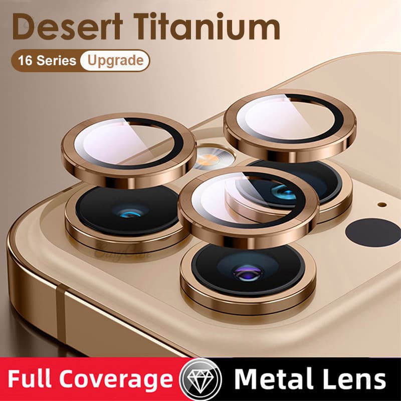 Lente protetora de câmera em titânio deserto para iPhone com lentes metálicas, proteção total e cobertura completa.