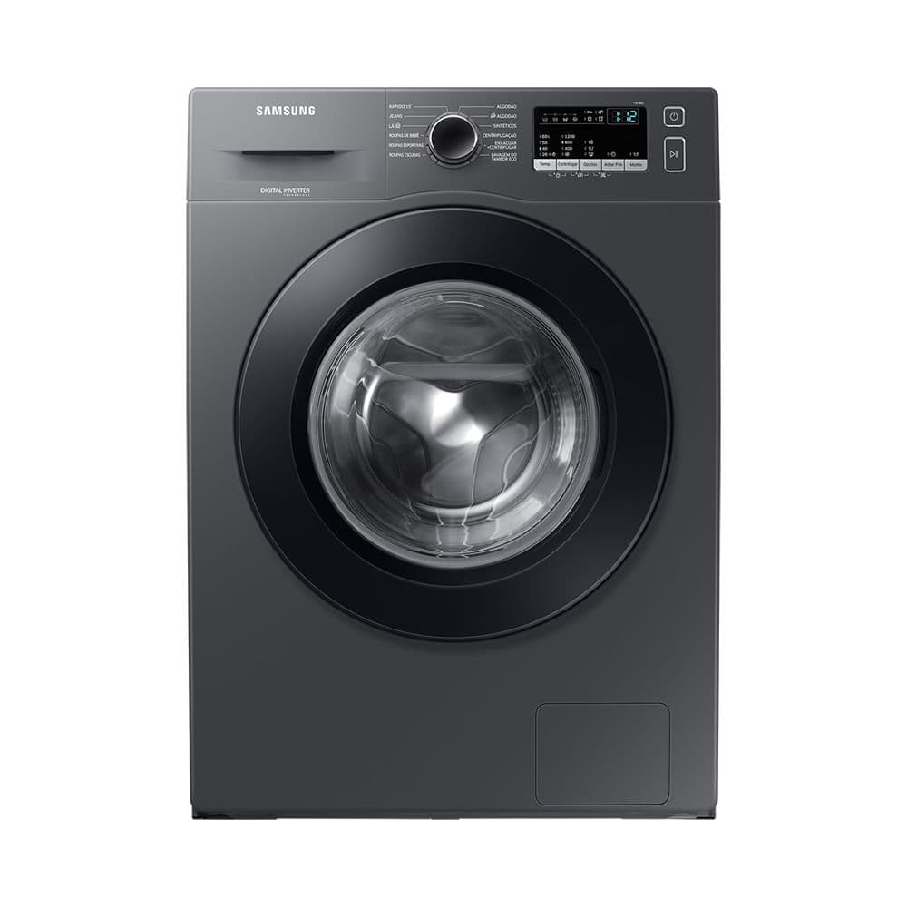 Lavadora de Roupas Samsung WW4000 10Kg, modelo preto com painel de controle digital, fundo branco