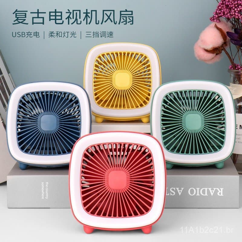Ventilador retrô em formato de TV, ventilador com luz noturna, mini ventilador, ventilador de TV, ventilador de mesa, ve