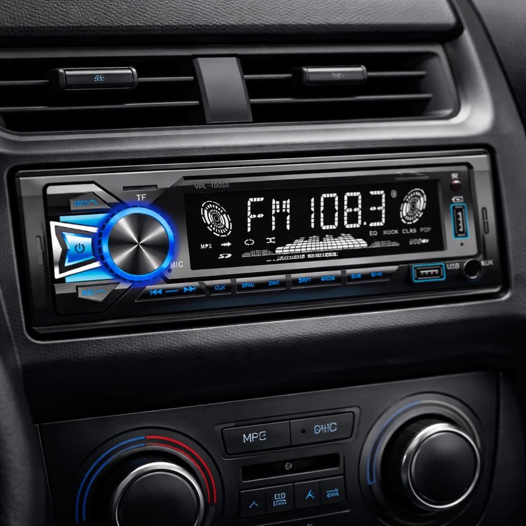 Player automotivo 1 DIN Bluetooth com tela LED e controle remoto, interior de carro