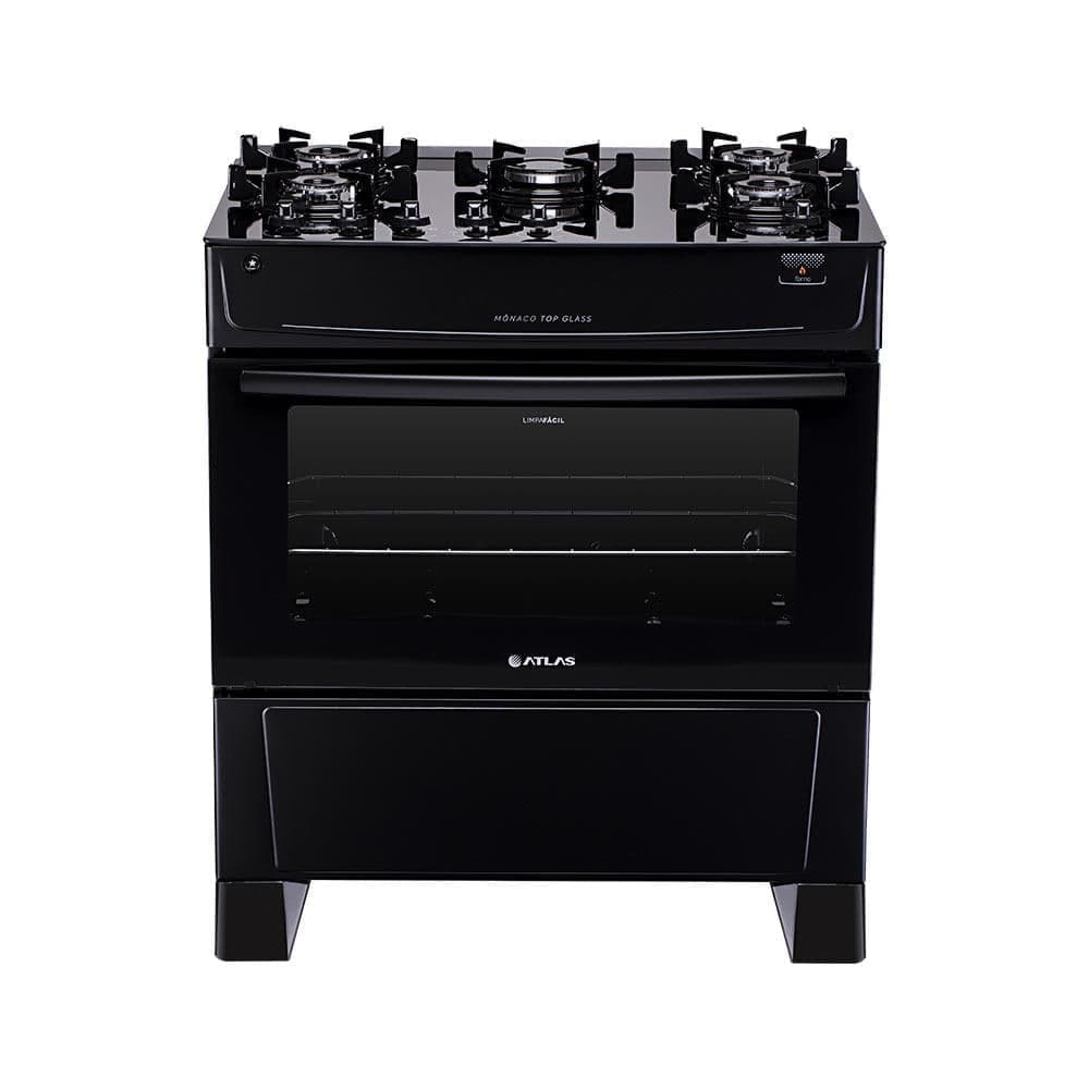 Fogão de Piso Atlas Monaco Top Glass 5 Bocas com Forno 86,5 Litros Preto