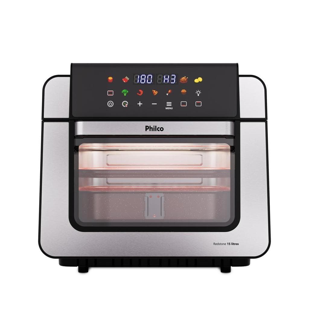 Fritadeira elétrica Philco 15L, 1800W, com display digital, design em aço inoxidável, preto e prata.
