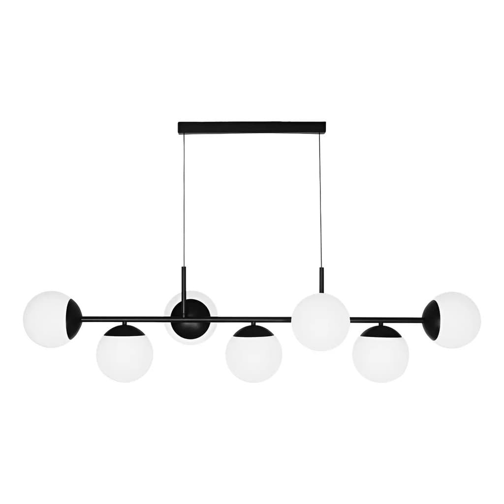 Luminária pendente com sete globos transparentes e pretos, fundo branco