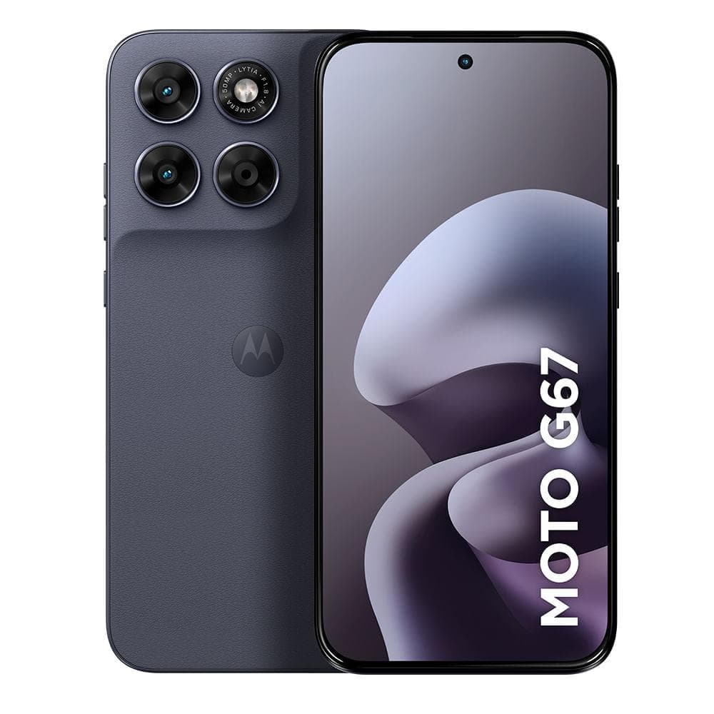 Smartphone Motorola Moto G67 5G Chumbo com três câmeras e logo Motorola