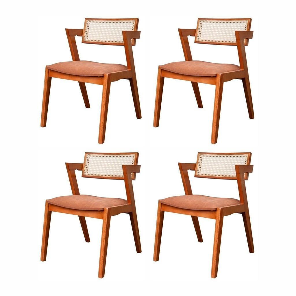 Kit 4 Cadeiras Madeira Maciça, Rattan de Fibra 100% Natural e Estofada Verona Espresso Móveis  Champagne/Couro Marrom