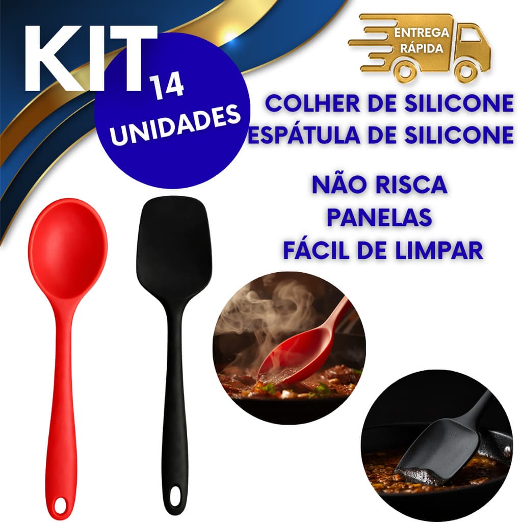 Kit com 14 colheres e espátulas de silicone, não risca panelas, fáceis de limpar