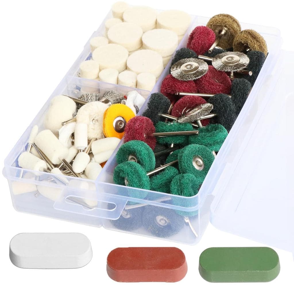 Kit de polimento Dremel com 150 discos abrasivos e blocos de polimento em caixa plástica transparente