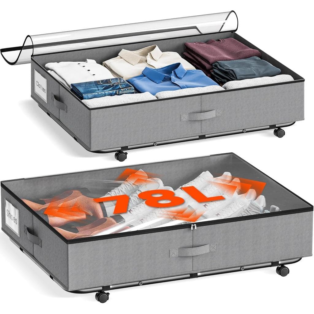 Armário de armazenamento sob a cama com rodas, 78L, cinza, com tampas transparentes, mostrando roupas e sapatos