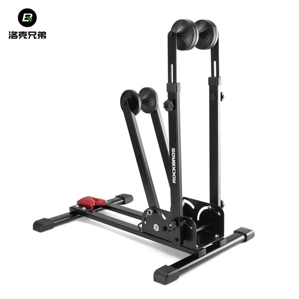 Suporte dobrável para bicicleta Rockbros em preto com ajustes de altura sobre fundo branco