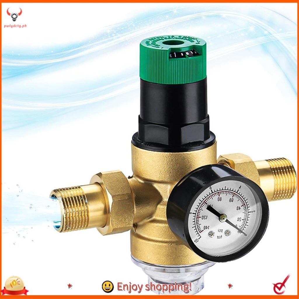 Regulador de pressão de água de metal com manômetro e filtro de malha, ouro, frontal, fundo branco.