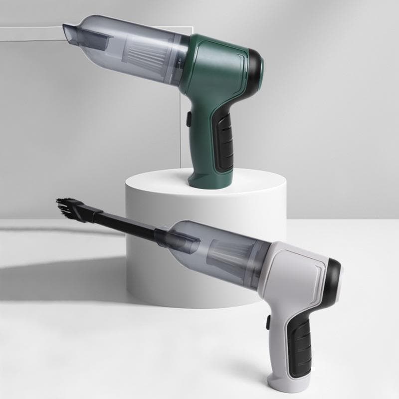Aspirador portátil para carro, mini aspirador e soprador sem fio, verde e branco, sobre pedestal branco.