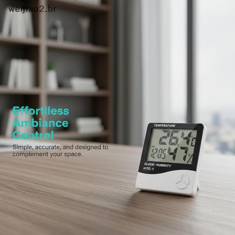 Termômetro digital LCD branco e preto, exibe temperatura e umidade, em uma mesa de madeira
