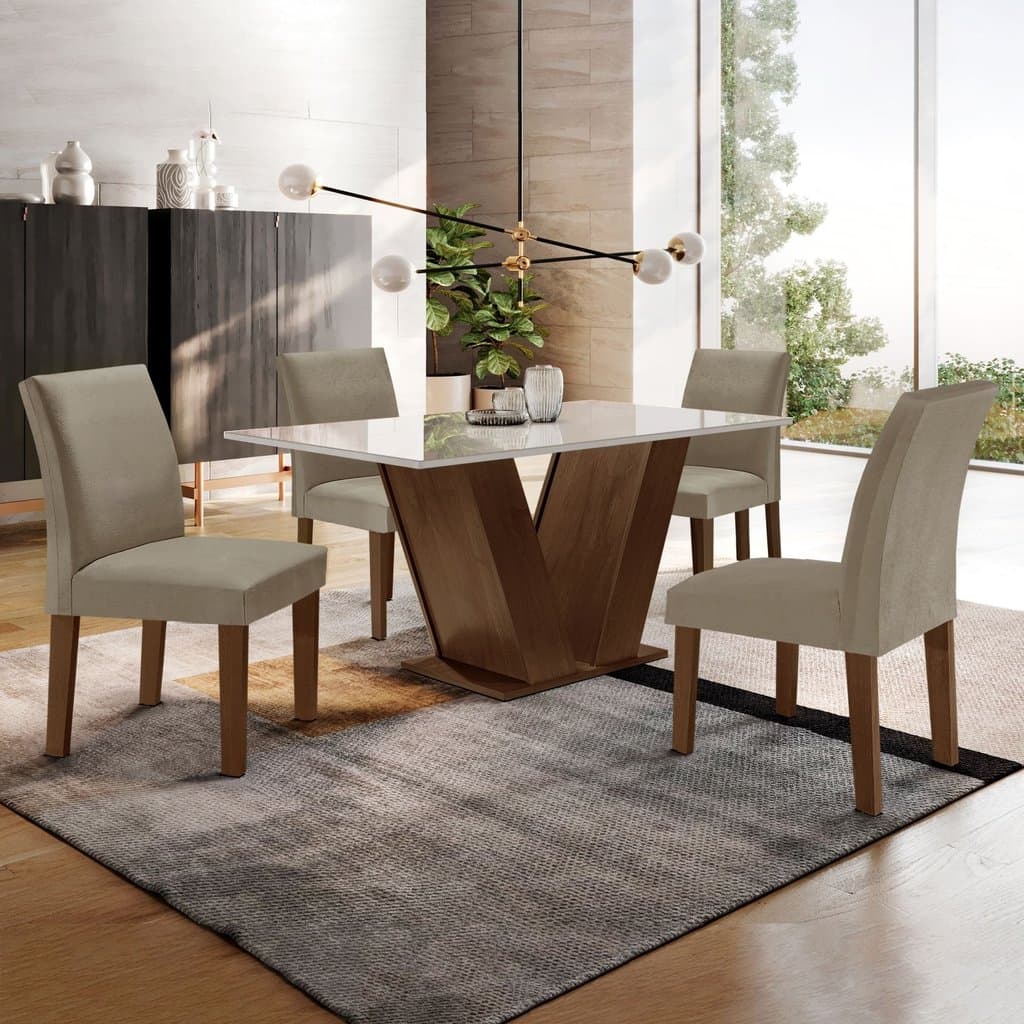 Conjunto de sala de jantar com mesa de 120x80cm e 4 cadeiras estofadas, estilo moderno, madeira escura e tecido bege