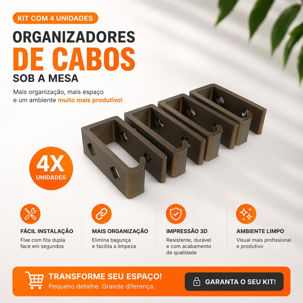 Kit 4 organizadores de cabos sob mesa, cor marrom escuro, fácil instalação, organização, impressão 3D, ambiente limpo