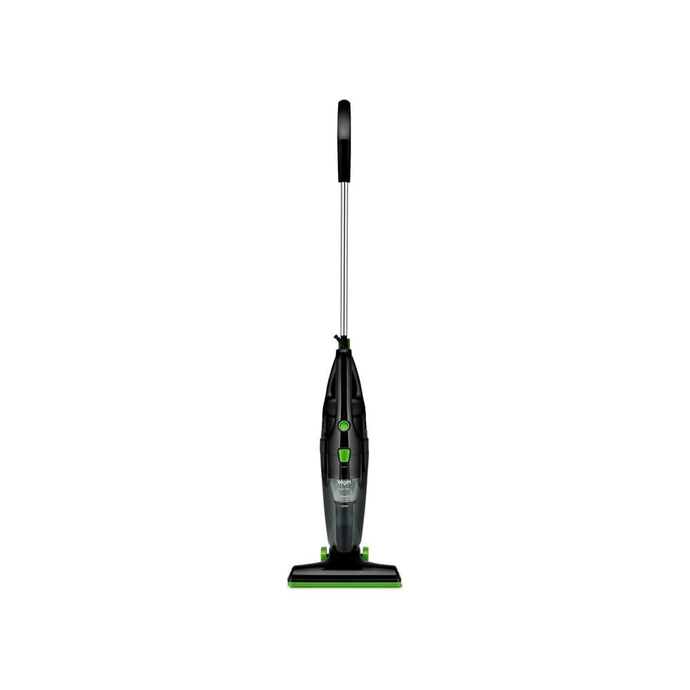 Aspirador de pó vertical preto e verde, com botão verde central, em fundo branco