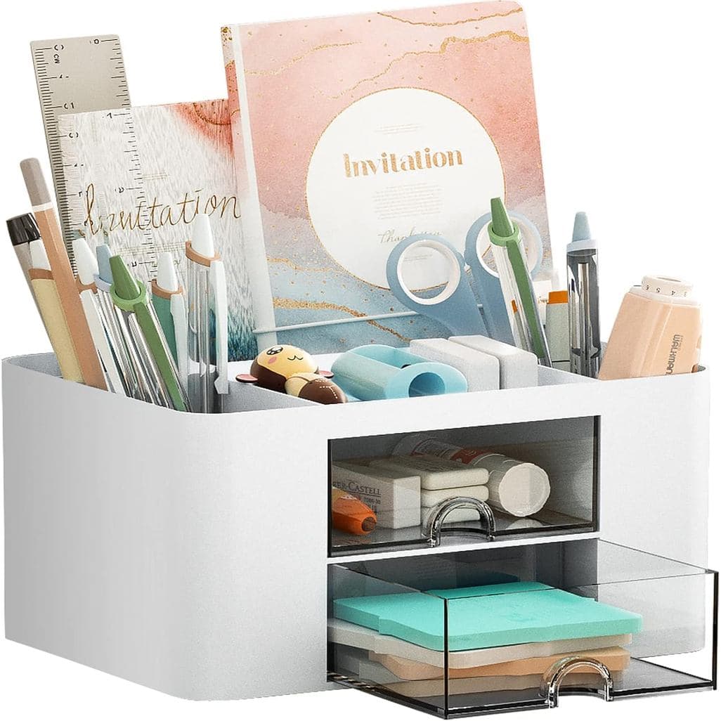 Organizador de mesa branco com compartimentos para canetas, lápis e outros itens de escritório