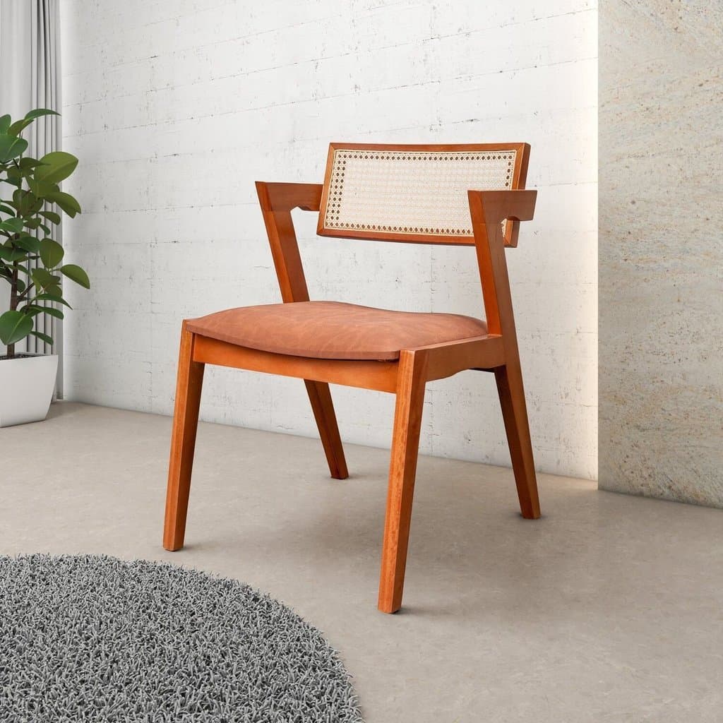 Kit 6 Cadeiras Madeira Maciça, Rattan de Fibra 100% Natural e Estofada Verona Espresso Móveis  Champagne/Couro Marrom