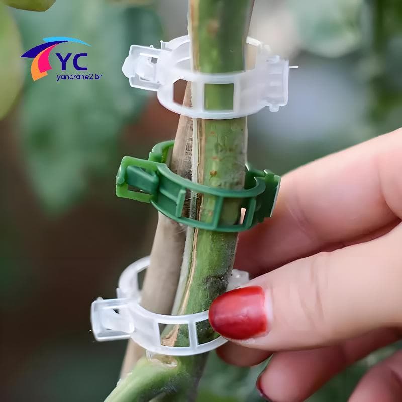 Clipe de suporte para plantas de escalada verde e branco em uso