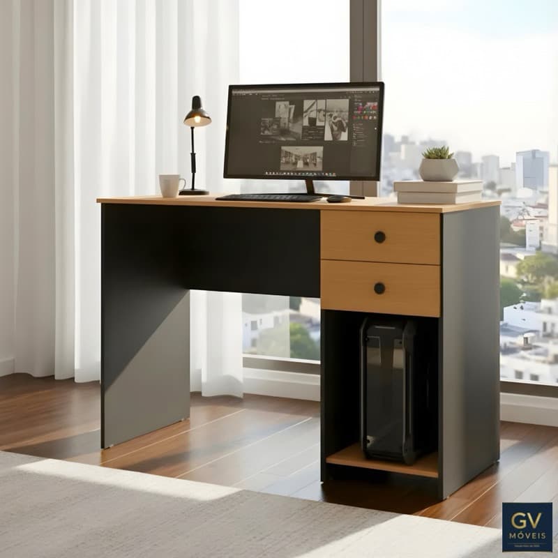 Mesa Aconchego para Escritório com Gavetas e Porta CPU – Escrivaninha Moderna para Estudo e Trabalho Home Office