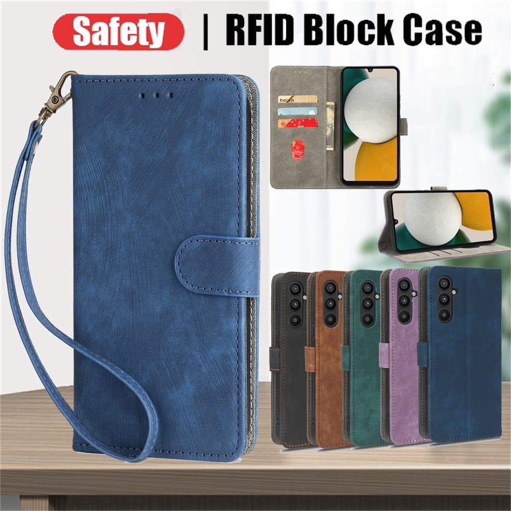 Capa de couro flip azul para telefone com função de bloqueio RFID, diversos modelos de cores disponíveis.