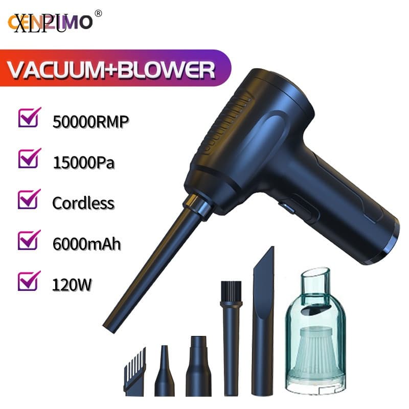 Aspirador Multifuncional 3 em 1, Soprador de Ar Recarregável, Cordless, 50000RPM, 15000Pa, 6000mAh, 120W