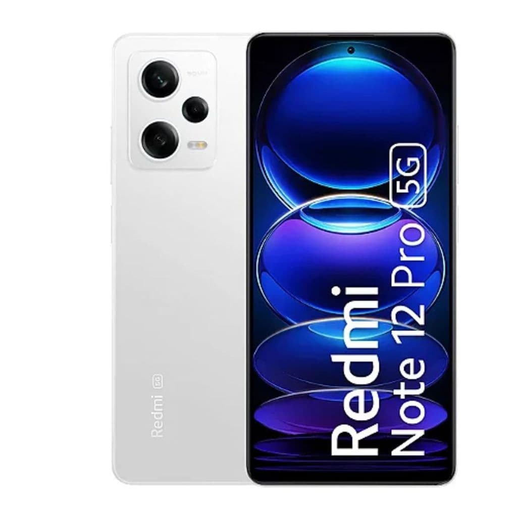 Foto do Xiaomi Redmi Note 12 Pro 256 GB branco mostrando frente e verso com câmera e texto