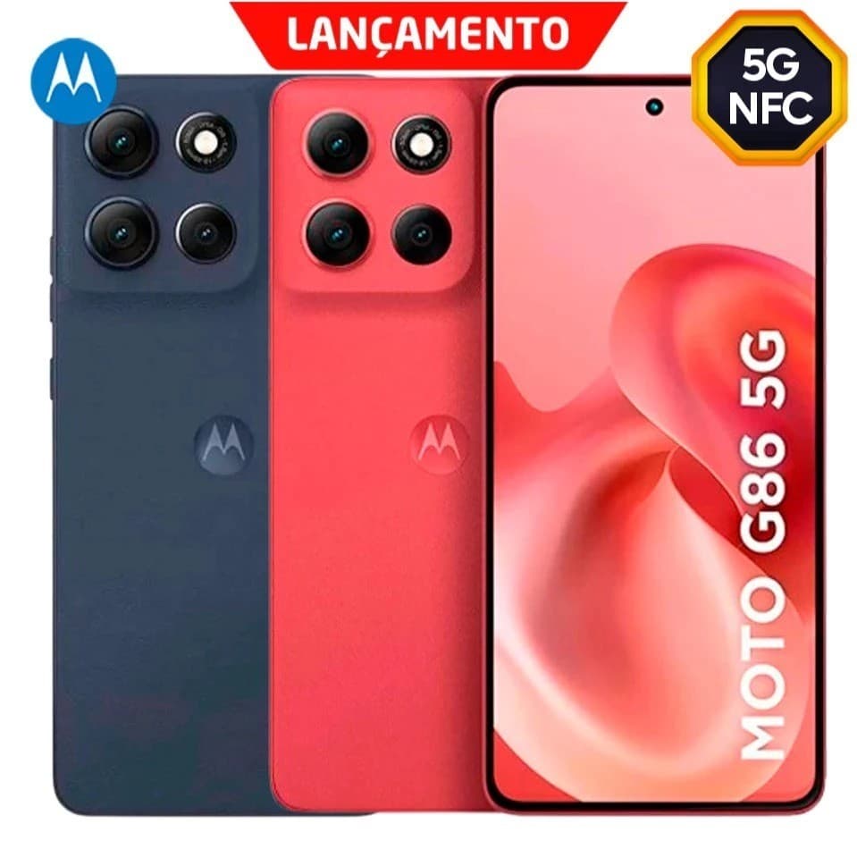 Imagem promocional do smartphone Moto G86 5G em azul e vermelho com quatro câmeras traseiras e tela rosa.