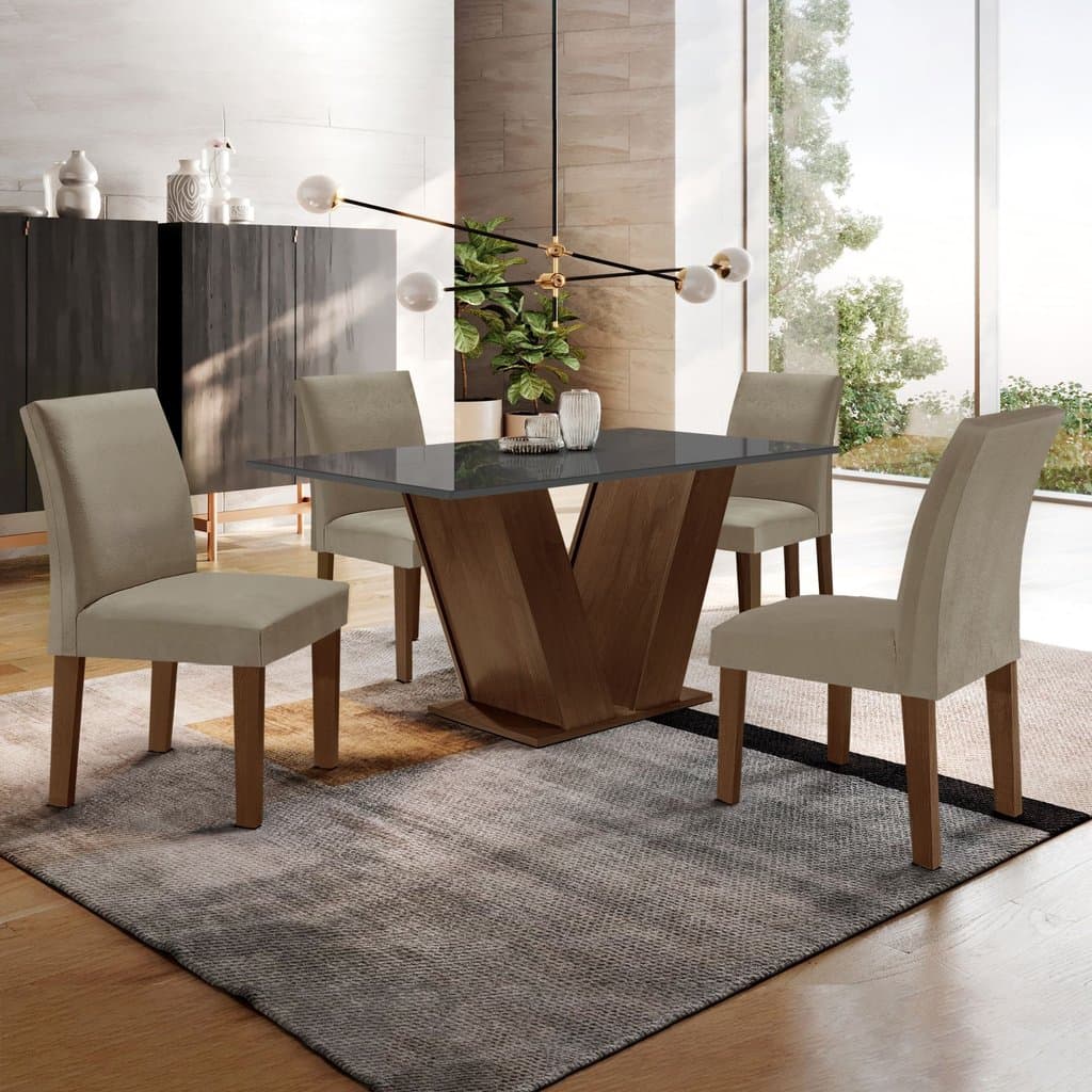 Conjunto mesa jantar 4 cadeiras estilo moderno, tampo vidro, base madeira, tecido veludo areia