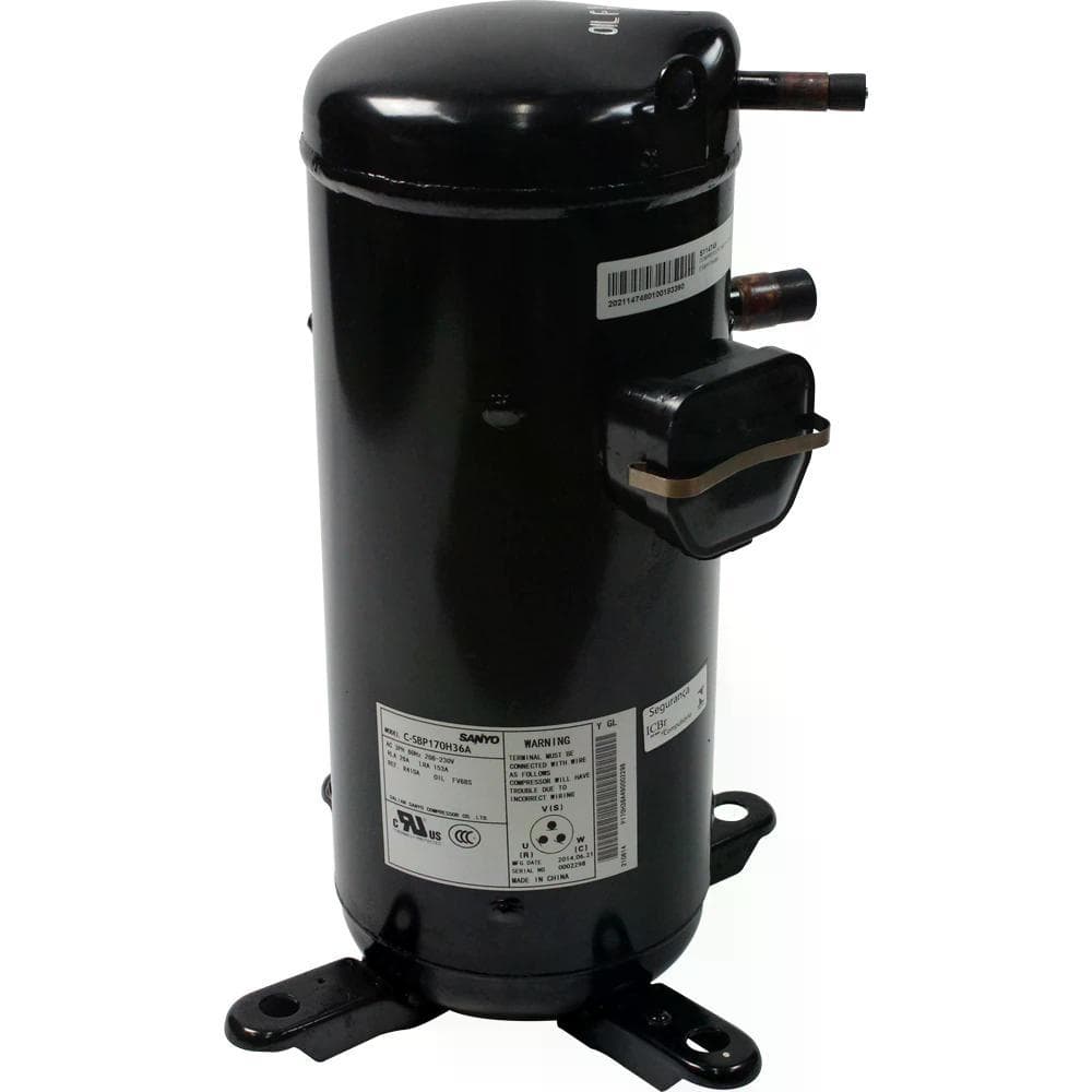 Compressor de ar condicionado Panasonic preto, vertical, fundo branco, etiqueta com informações técnicas